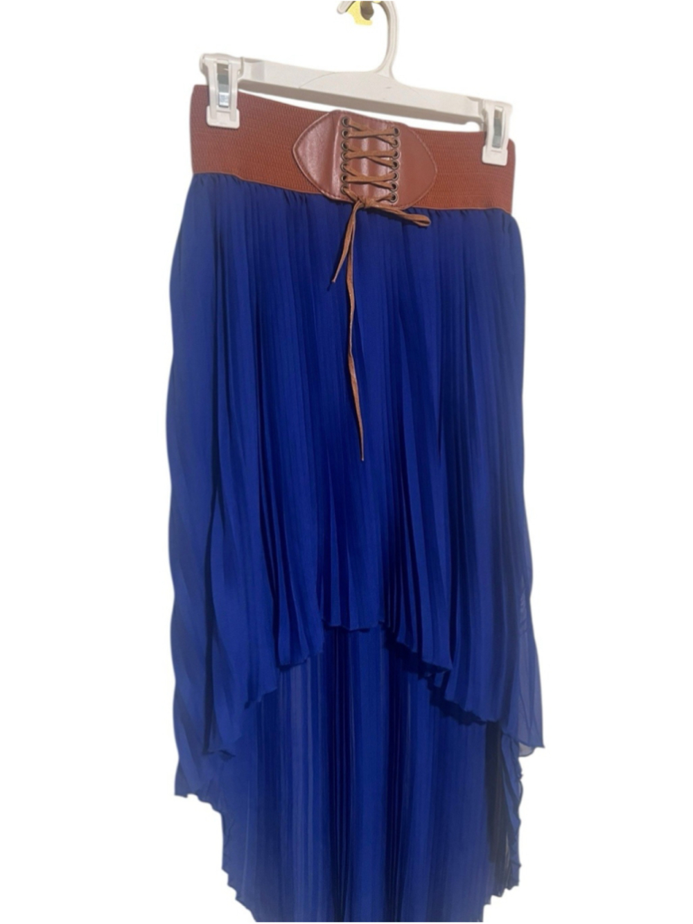 B.B Couture Boho Flowy Hi Lo Skirt Women’s Large Blue Festival Western Belted